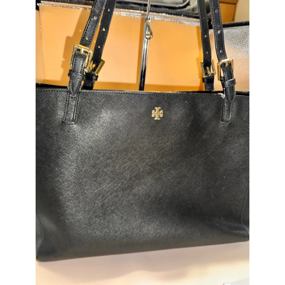 Tory Burch Emerson Small Buckle Tote Black Saffiano Leather Shoulder Bag Handbag